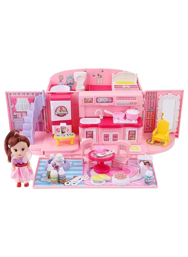 deAO Doll Houses Portable Backpack for Girls with Doll Toy House with Light and Music Baby Dollhouse Furniture for 3 to 8 Years Olds Toddler Kids