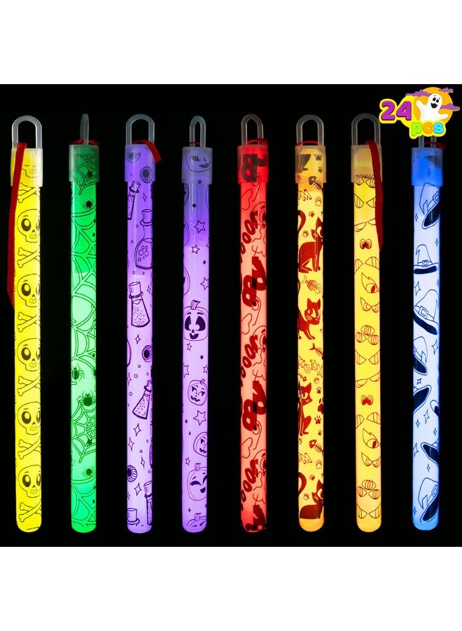 24 Pcs Halloween Glow Stick Hanging Wands In 8 Different Pattern Designs And 6 Colors For Halloween Party Favors, Halloween Party Supplies, Glow In The Dark, Halloween Goodie Bag Fillers