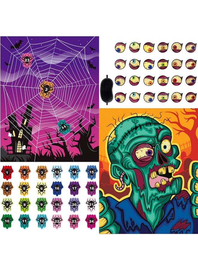 2 Pcs Halloween Party Games For Kids Pin The Eyeball On Zombie And Pin The Tail On The Web Party Games In 2 Designs With 2 Posters, Fun Reusable Kids Gift Halloween Party Favors Supplies