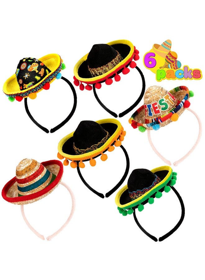 6 Pcs Cinco De Mayo Fiesta Fabric And Straw Sombrero Hat Party Costume For Fun Fiesta Headbands Party Supplies, Mexican Theme Decorations, Luau Event Photo Props And Party Favors