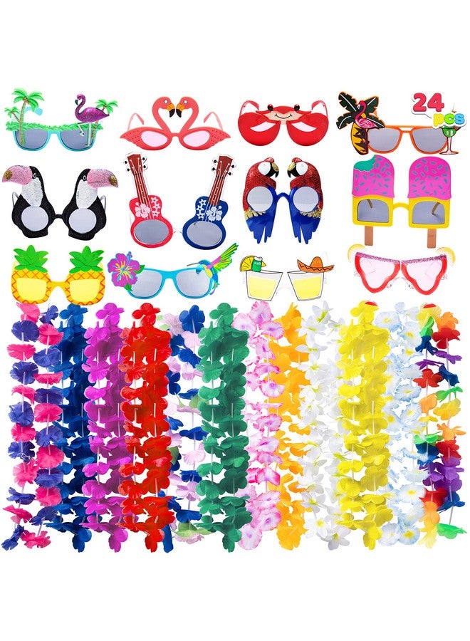 12 Pieces Luau Party Glasses And 12 Pieces Hawaiian Leis, Flowers Leis Garlands Novelty Sunglasses, Tropical Birthday Summer Beach Party Decoration Supplies