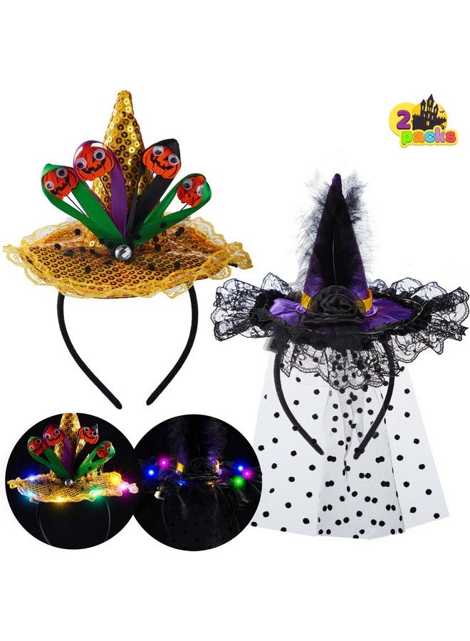 2 Pcs Halloween Led Headbands Light Up Witch Hat Headband, Pumpkin Sequin Hat Headbands For Halloween Costume Dress Up Party Supplies, Halloween Party Favor, Cosplay, Halloween Accessories