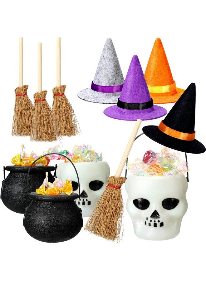 12 Pcs Halloween Mini Witch Hats Candy Cauldron Mini Broom Witch Craft Miniatures Wizard Accessory For Halloween Decorations (Novel Style)