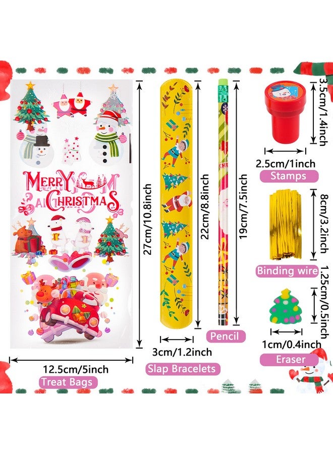 360 Pieces Christmas Stationery Party Favors Bulk: Christmas Pencil Eraser Slap Bracelets Stamps Treat Bags For Kids Classroom Gift Exchange School Games Prizes Reward Prizes Carnival Events