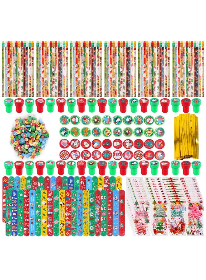 360 Pieces Christmas Stationery Party Favors Bulk: Christmas Pencil Eraser Slap Bracelets Stamps Treat Bags For Kids Classroom Gift Exchange School Games Prizes Reward Prizes Carnival Events