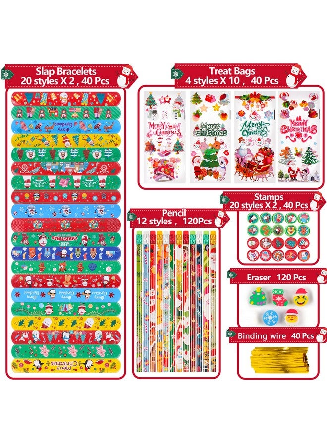 360 Pieces Christmas Stationery Party Favors Bulk: Christmas Pencil Eraser Slap Bracelets Stamps Treat Bags For Kids Classroom Gift Exchange School Games Prizes Reward Prizes Carnival Events