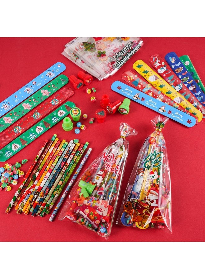 360 Pieces Christmas Stationery Party Favors Bulk: Christmas Pencil Eraser Slap Bracelets Stamps Treat Bags For Kids Classroom Gift Exchange School Games Prizes Reward Prizes Carnival Events