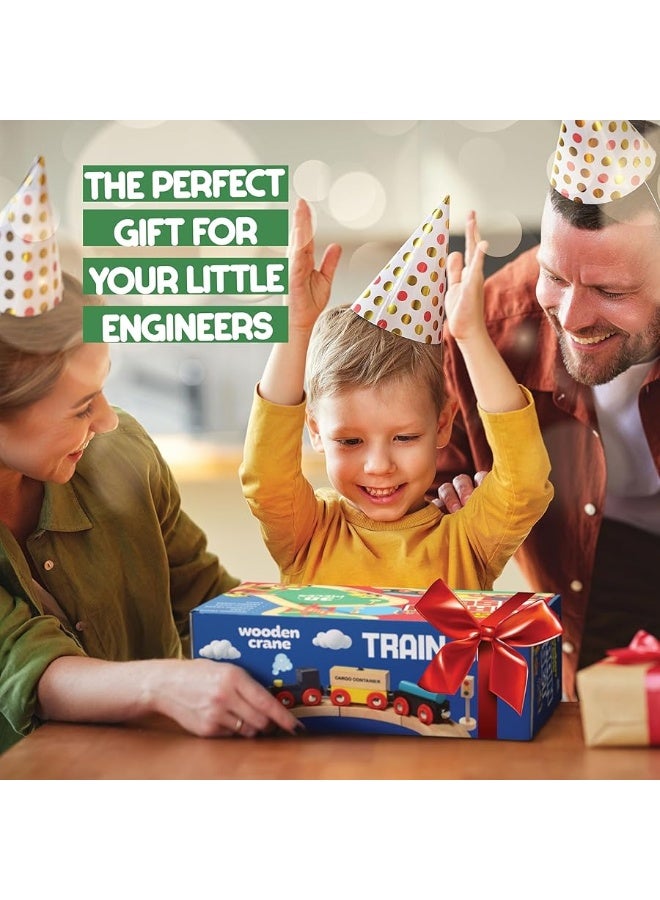 Wooden Train Set Toddler Toys - 38 Pcs Wood Train Track Set for Toddlers 2-4 Years with Crane, Bridge & Accessories - Compatible with All Major Brands