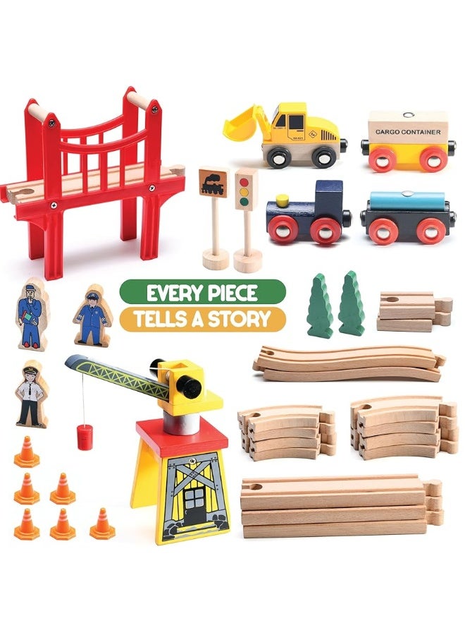 Wooden Train Set Toddler Toys - 38 Pcs Wood Train Track Set for Toddlers 2-4 Years with Crane, Bridge & Accessories - Compatible with All Major Brands