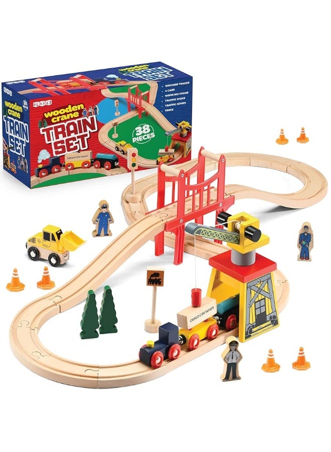 Wooden Train Set Toddler Toys - 38 Pcs Wood Train Track Set for Toddlers 2-4 Years with Crane, Bridge & Accessories - Compatible with All Major Brands