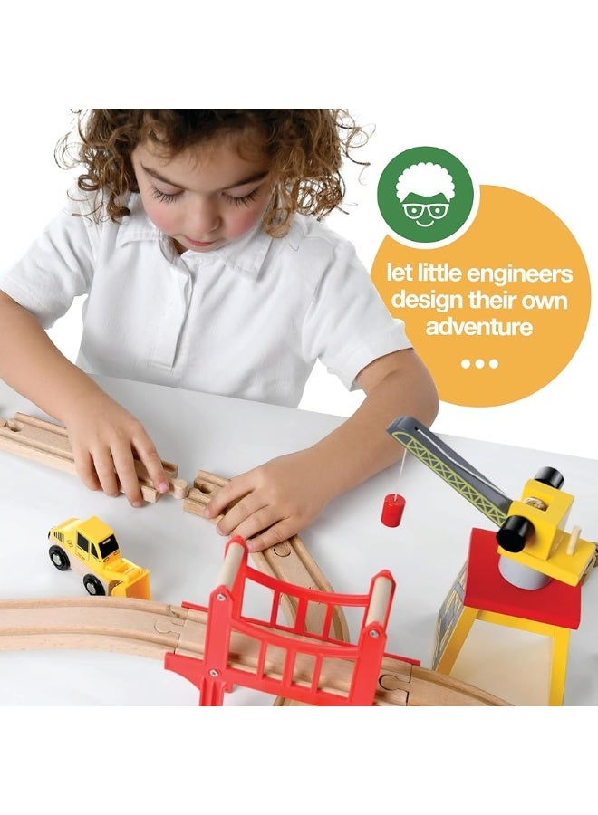Wooden Train Set Toddler Toys - 38 Pcs Wood Train Track Set for Toddlers 2-4 Years with Crane, Bridge & Accessories - Compatible with All Major Brands