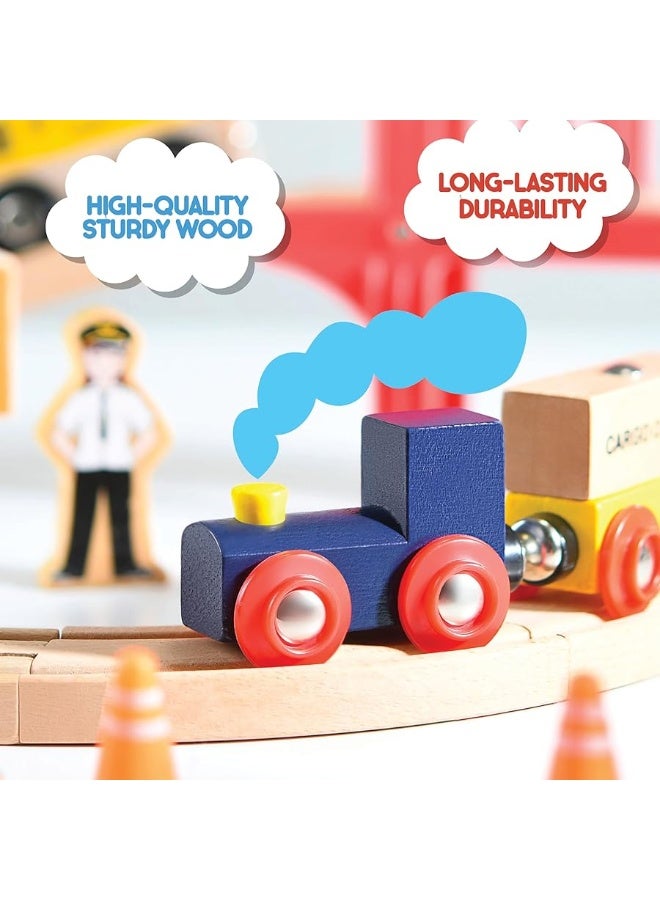 Wooden Train Set Toddler Toys - 38 Pcs Wood Train Track Set for Toddlers 2-4 Years with Crane, Bridge & Accessories - Compatible with All Major Brands