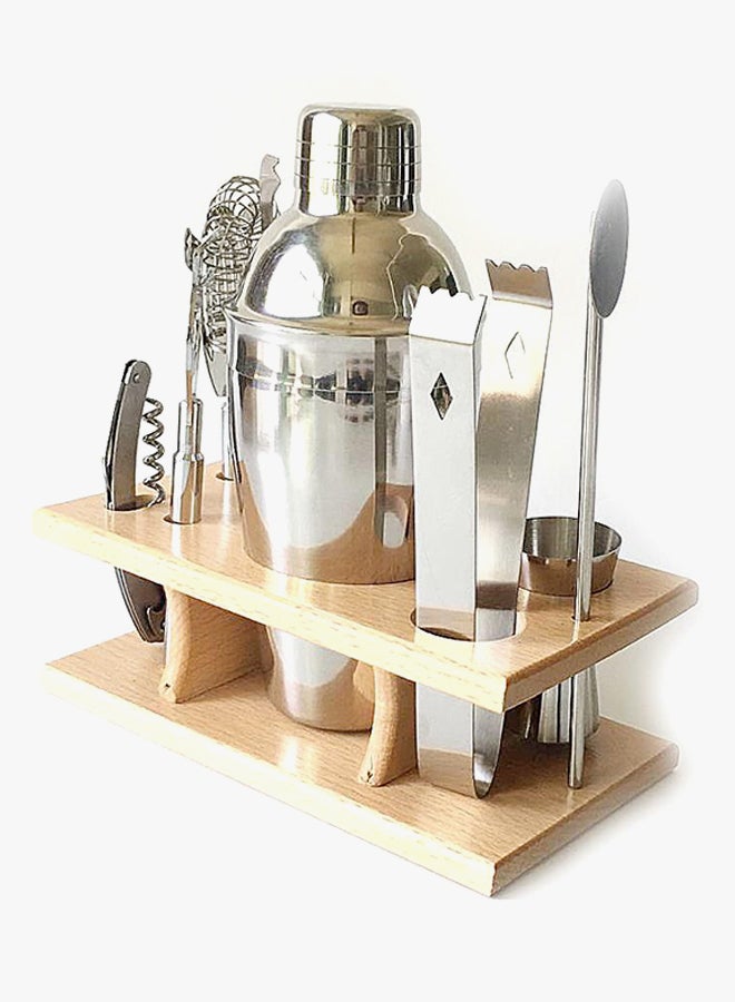 8-Piece Cocktail Shaker With Wood Stand Bar Set Silver