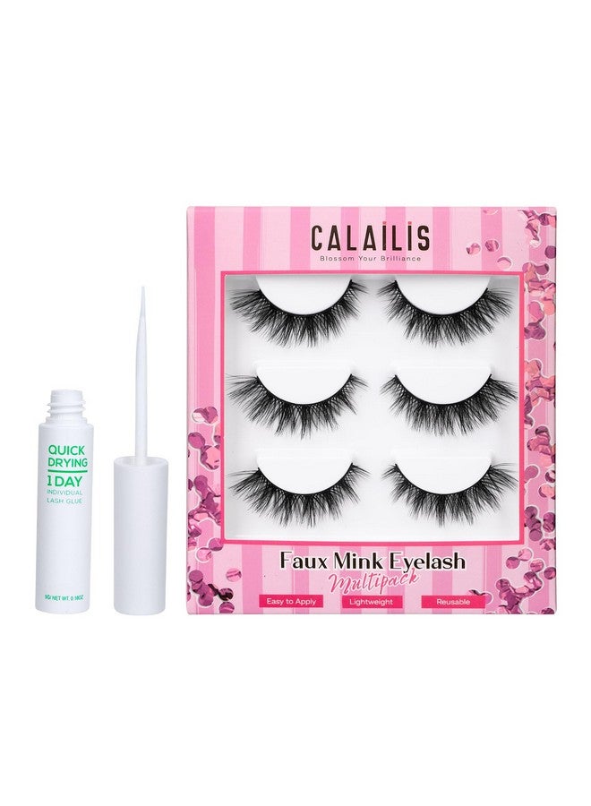 False Eyelash, Eye Makeup Lash 3D Faux Mink Fake Eyelash Long Natural Eyelashes 3 Pairs With 5G False Eyelash Glue (Cs31)