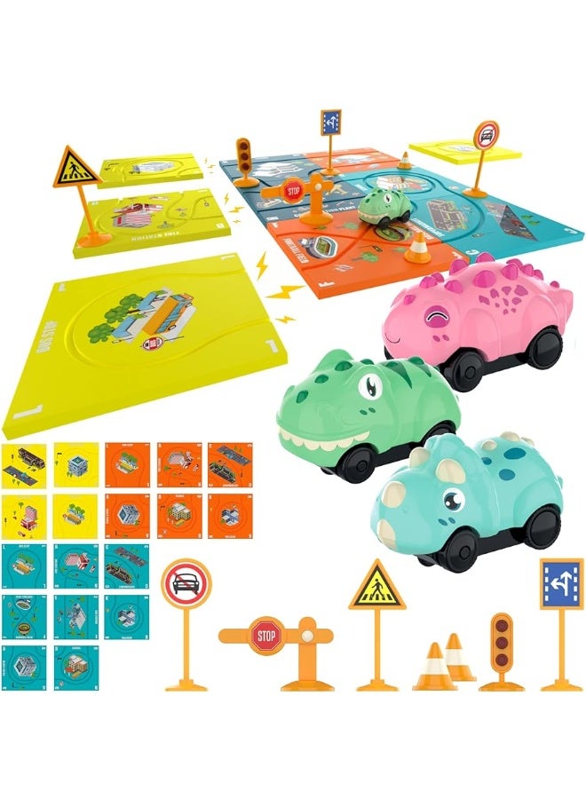 Puzzle Racer Kids Car Track Set - (28 Piece) Magnet Toddler Race Tracks for Kids 3-5, w/ 3 Dinosaur Cars, and Accessories, Montessori Building Toy, Rail Car Puzzle Gifts for 3 4 5 6 Year Old Boys