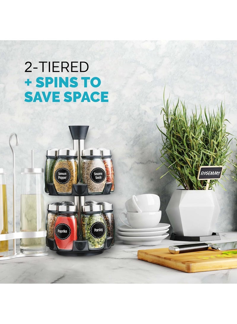 Rotating seasoning rack storage jar with glass jar and label, rotating countertop vanilla and spice storage jar