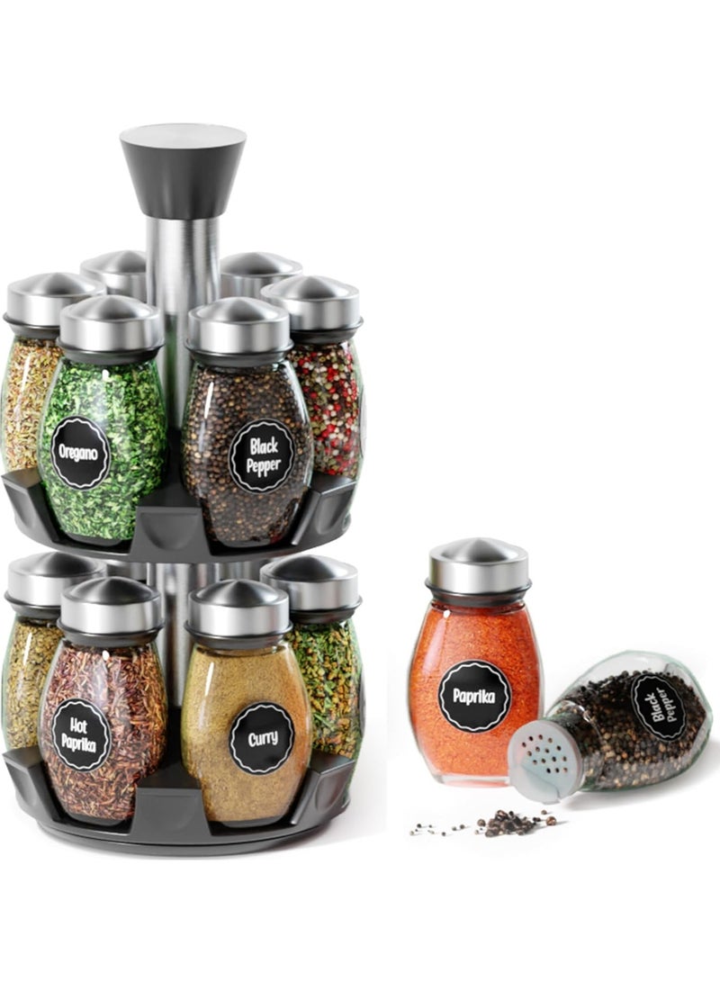 Rotating seasoning rack storage jar with glass jar and label, rotating countertop vanilla and spice storage jar