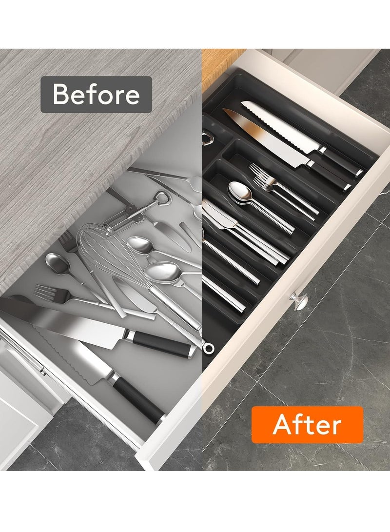 Drawer Organizer, Expandable Utensil Tray for Kitchen, Adjustable Flatware and Cutlery Holder, Compact Plastic Storage for Spoons Forks Knives, Large, Safe Grade Finis