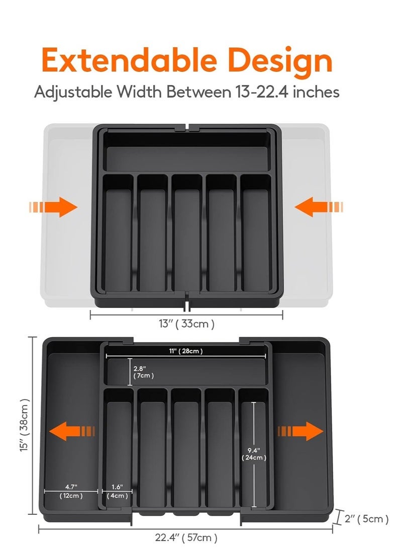 Drawer Organizer, Expandable Utensil Tray for Kitchen, Adjustable Flatware and Cutlery Holder, Compact Plastic Storage for Spoons Forks Knives, Large, Safe Grade Finis