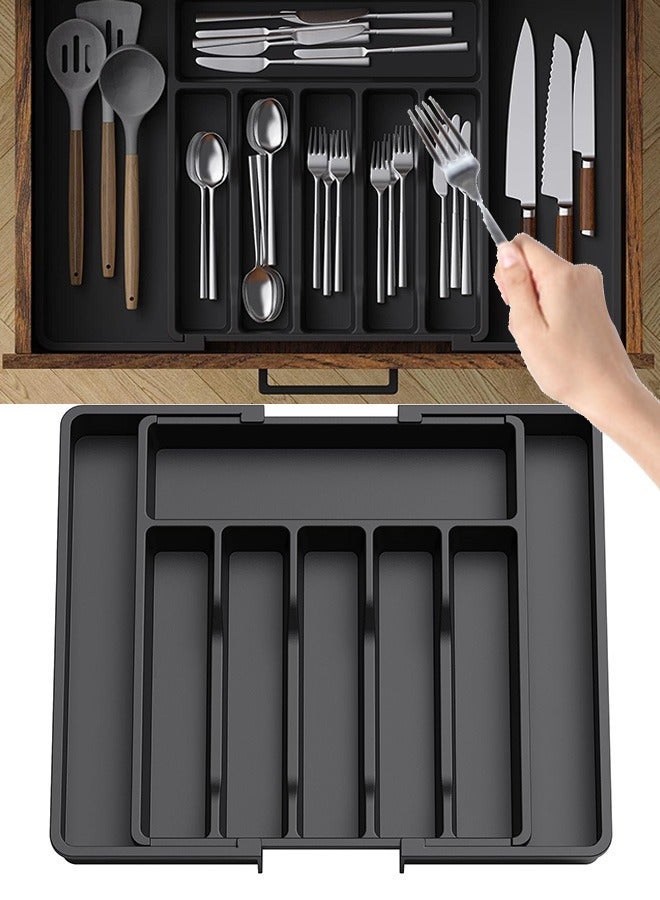 Drawer Organizer, Expandable Utensil Tray for Kitchen, Adjustable Flatware and Cutlery Holder, Compact Plastic Storage for Spoons Forks Knives, Large, Safe Grade Finis