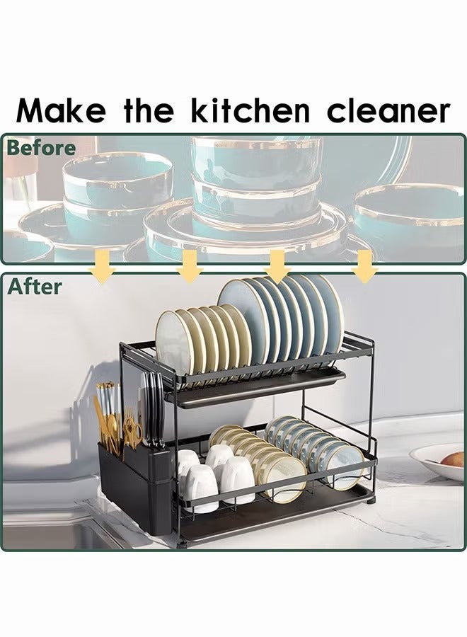 2 Tiers Large Kitchen Dish Rack with Removable Cutting Board Holder Utensil Holder and Cup Holder