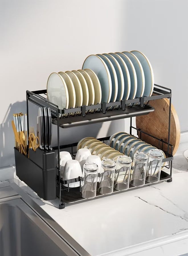 2 Tiers Large Kitchen Dish Rack with Removable Cutting Board Holder Utensil Holder and Cup Holder