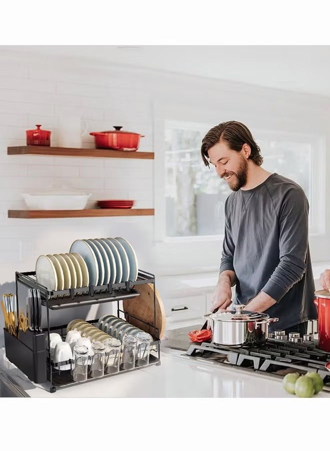 2 Tiers Large Kitchen Dish Rack with Removable Cutting Board Holder Utensil Holder and Cup Holder