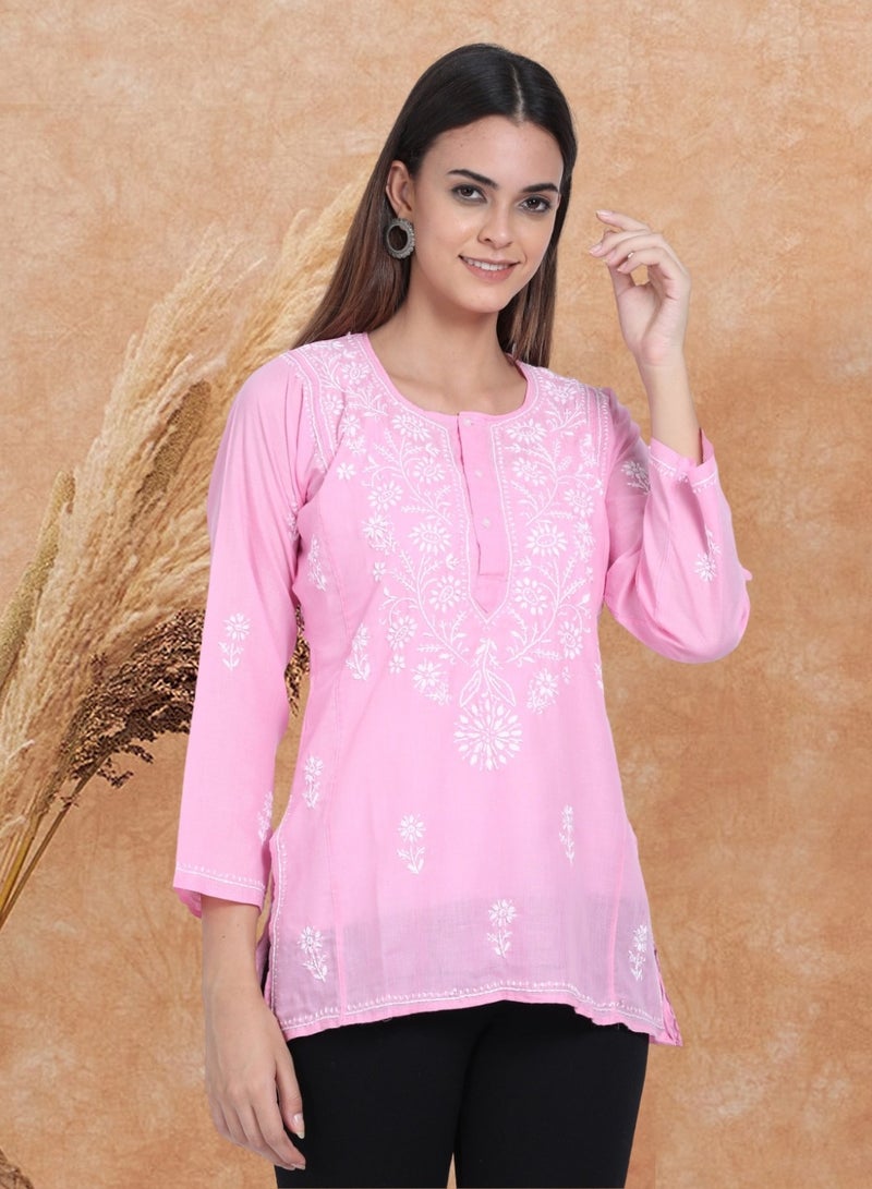 Women Hand Embroidered Chikankari Cotton Kurti-ALSTV115