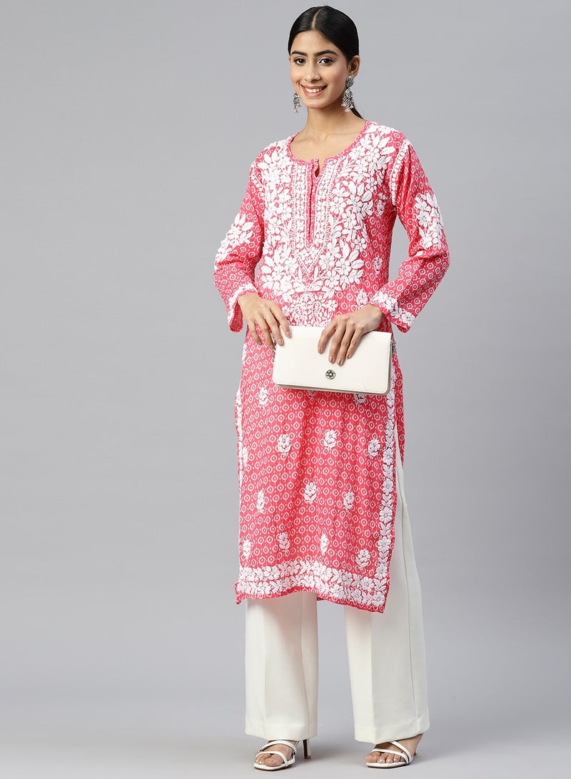 Women Hand Embroidered Lucknowi Chikankari Mulmul Cotton Pink Kurta - AL3650