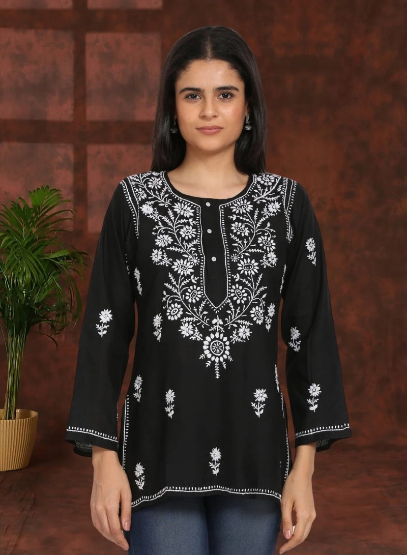 Women Hand Embroidered Chikankari Cotton Kurti-ALSTV115