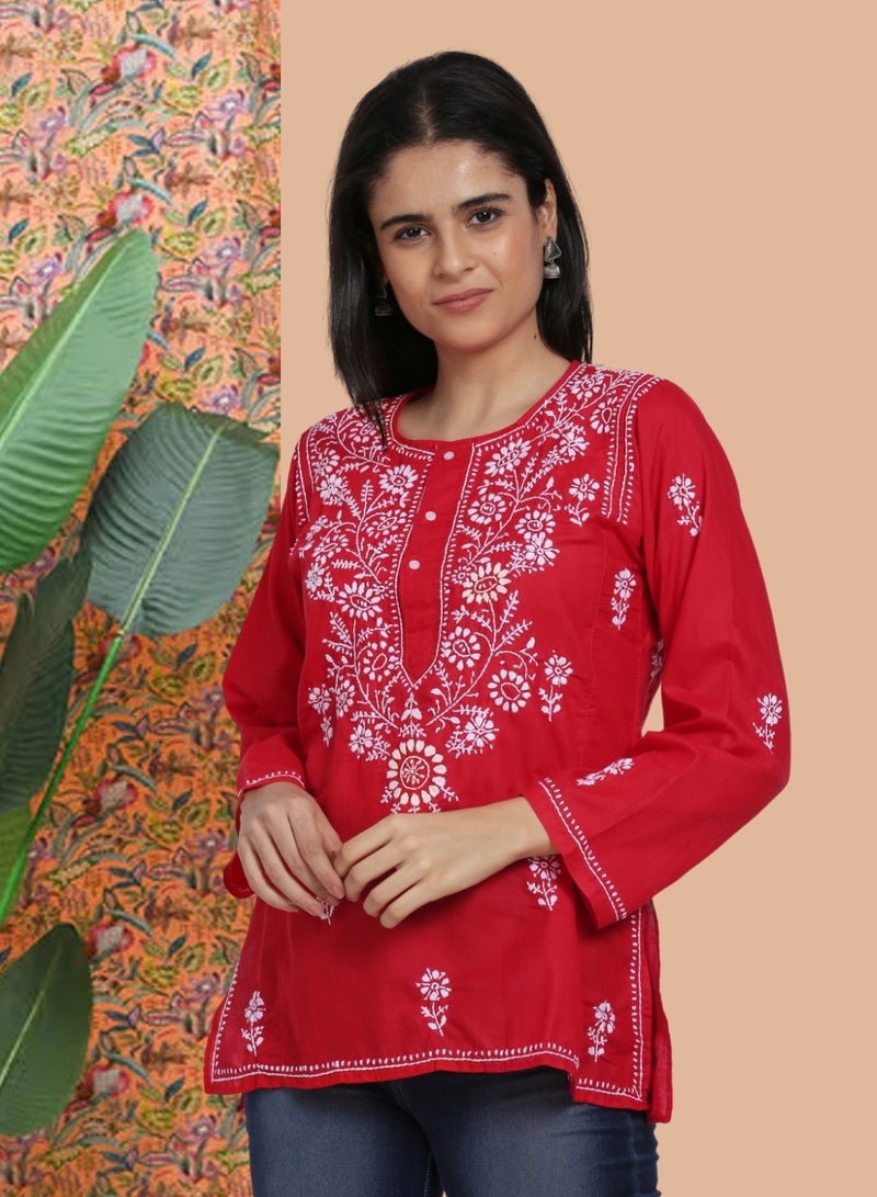 Women Hand Embroidered Chikankari Cotton Kurti-ALSTV115