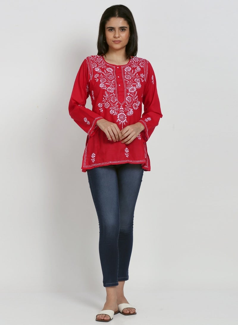 Women Hand Embroidered Chikankari Cotton Kurti-ALSTV115