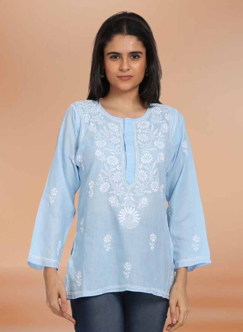 Women Hand Embroidered Chikankari Cotton Kurti-ALSTV115