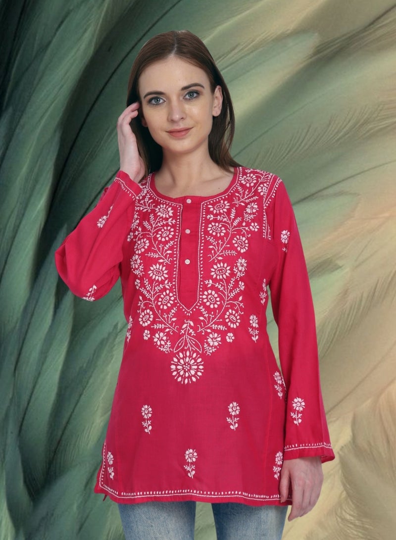 Women Hand Embroidered Chikankari Cotton Kurti-ALSTV115