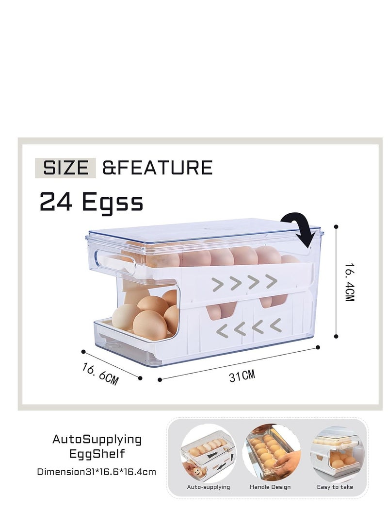 Rolling Egg Holder For Refrigerator,Eggs 24 Count Organizer for Refrigerator,Egg Storage Container Dispenser For Refrigerator,Deviled Egg Containers With Lid,Clear Plastic Egg Tray for fridge