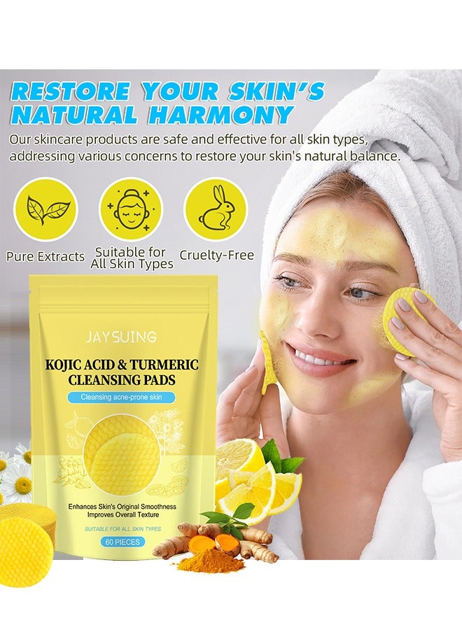 Kojic Acid & Turmeric Cleansing Pads- Dark Spots Cleansing Pads Helps Balance Skin Oil & Water Fade Spot Remove Excess Keratin Clean Oil Refines Pores 60 Pieces