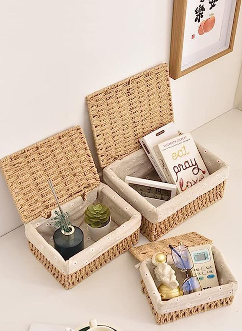 Handwoven Wicker Storage Baskets with Lids Shelf Basket Rattan Storage Bins with Handles Lid for Pantry Shelves Bathroom Living Room  Set of 3