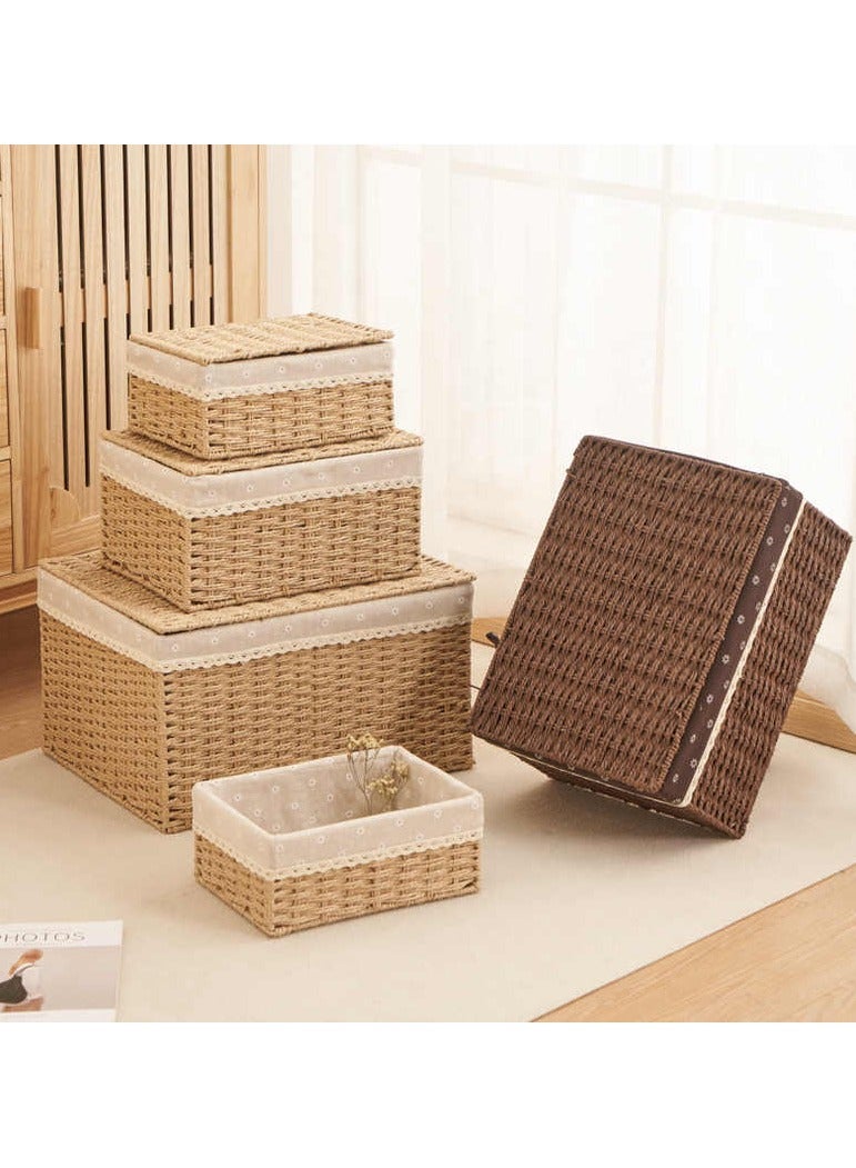 Handwoven Wicker Storage Baskets with Lids Shelf Basket Rattan Storage Bins with Handles Lid for Pantry Shelves Bathroom Living Room  Set of 3