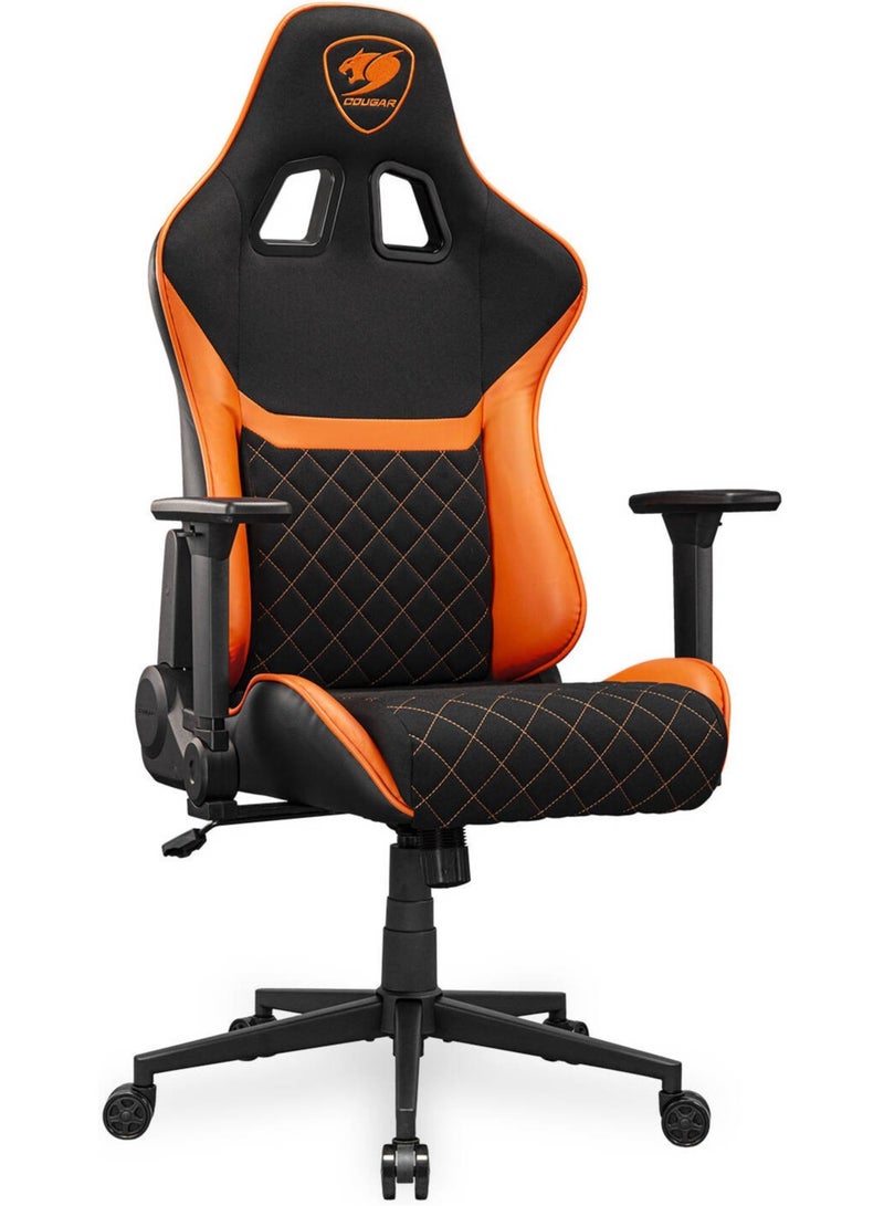 Cougar Armor One V2 F Gaming Chair, Woven Fabric Surface, 4D Folding Armrests, 155° Reclining, Piston Lift Height Adjustment, Up to 12kg Weight Support, Black / Orange | 3MA2FORB.0001