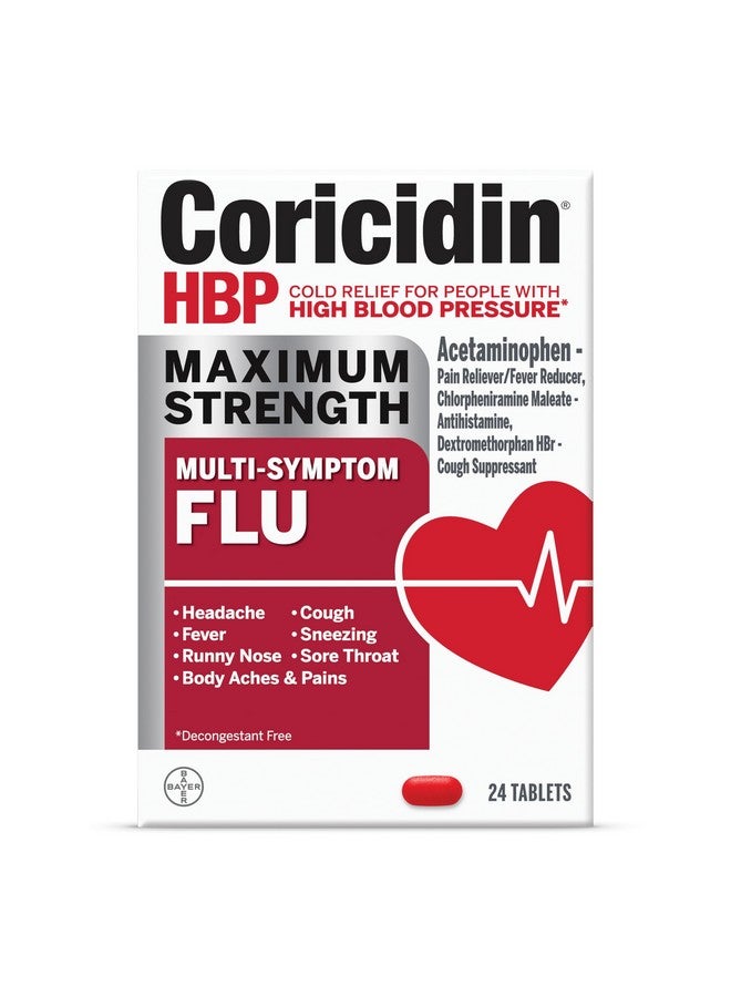 Maximum Strength Multi-Symptom Flu Tablets For Body Aches, Body Pains Cold And Cough Relief: Flu Medicine For Adults With High Blood Pressure - 24 Count
