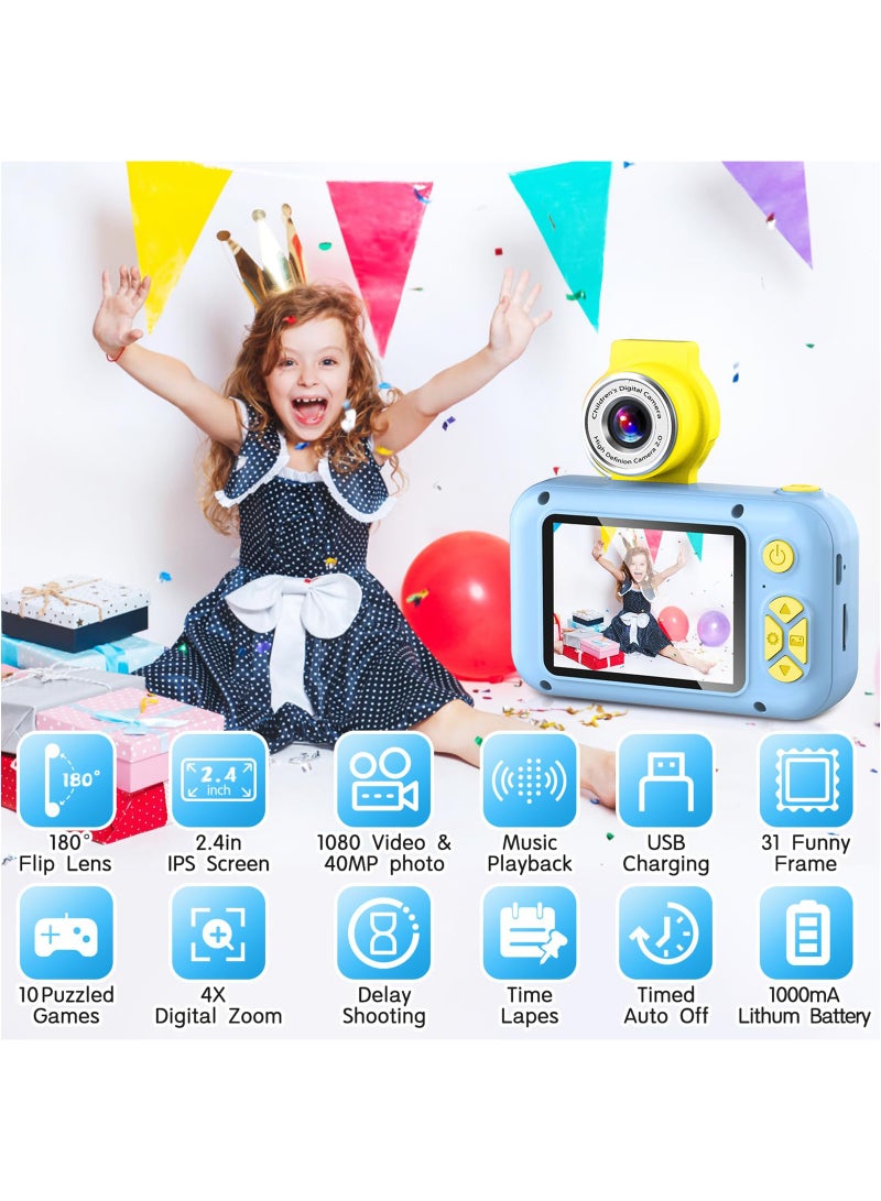 Kid Camera, 2.4in IPS Screen Digital Camera for Kid,180°Flip Len Student Camera,Children Selfie Camera with Playback Game, Birthday Gift for 4 5 6 7 8 9 10 11 Year Old Girl Boy