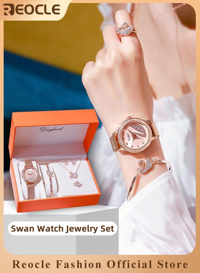 Women's Swan Watch Jewelry Set 5 Pieces Watch & Bracelet & Ring & Earring and Necklace Elegant Rhinestone bling Iced Out Jewelry Set for Ladies