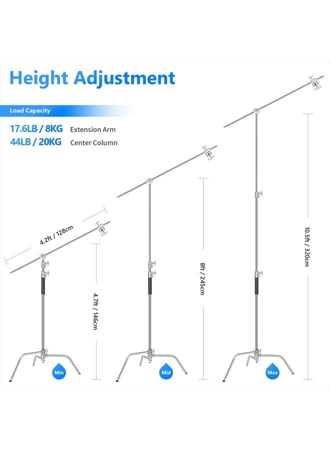 NEEWER Pro 100% Stainless Steel Heavy Duty C Stand with Boom Arm, Max Height 10.5ft/320cm Photography Light Stand with 4.2ft/128cm Holding Arm, 2 Grip Head for Studio Monolight, Softbox, Reflector