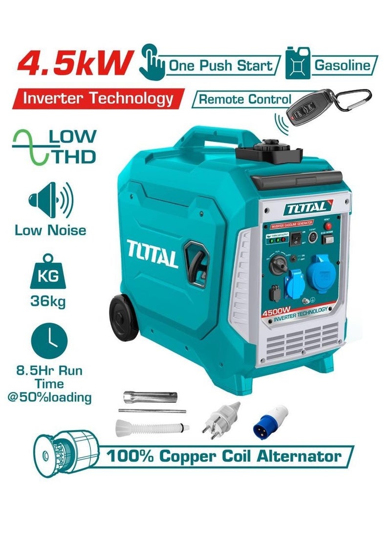 Total Silent Inverter 4500W Portable Gasoline Generator Ideal Power for Camping, Outdoor Activities, and Home Use air-cooled system, Multiple Outlets, Remote Start & 8.5 Hours Runtime Pullable with One Hand