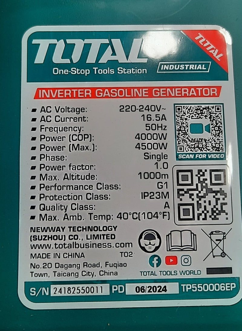 Total Silent Inverter 4500W Portable Gasoline Generator Ideal Power for Camping, Outdoor Activities, and Home Use air-cooled system, Multiple Outlets, Remote Start & 8.5 Hours Runtime Pullable with One Hand