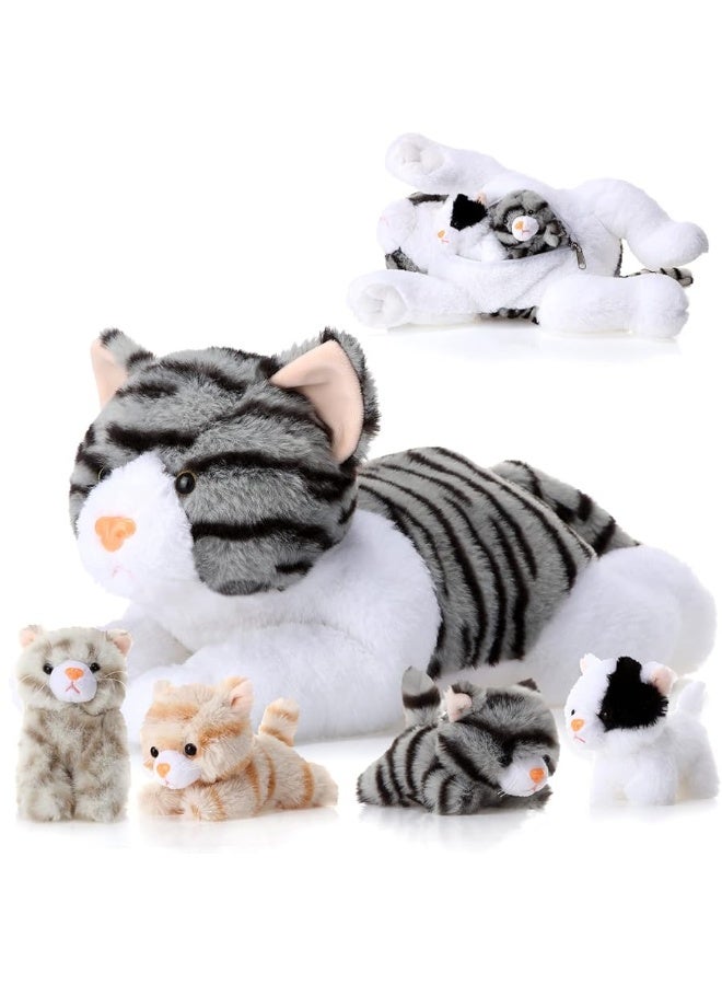 Skylety 5 Pieces Cat Stuffed Animal with Babies Inside Mommy Cat with 4 Cute Fluffy Plush Kittens in Cat's Belly Nurturing Cat Huggable Sleeping Birthday Surprise Gifts (Grey)