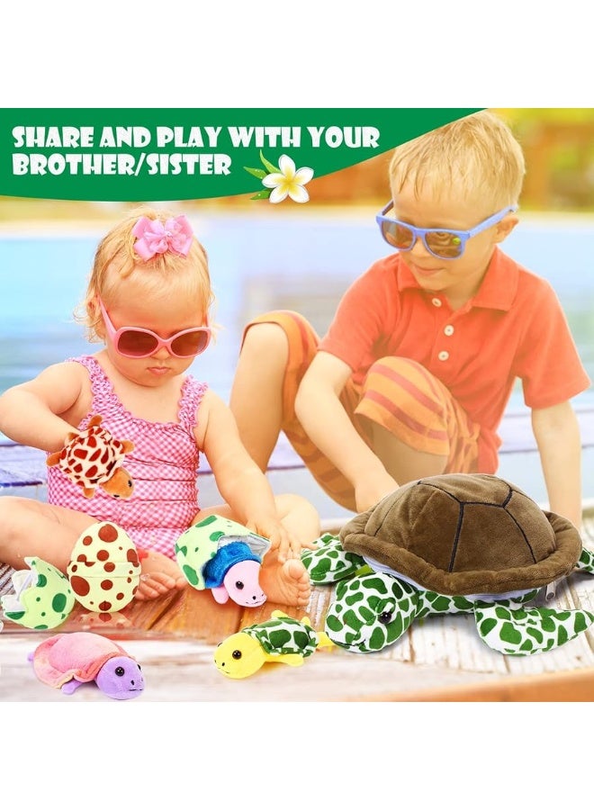 Aoriher 6 Pieces Plush Turtle Set 12 Inch Stuffed Sea Turtle Mom with 3 Little Plush Turtles and 2 Plush Turtle Eggs Soft Plush Stuffed Animal Toys Tortoise Hugging for Valentines Day Party Modern