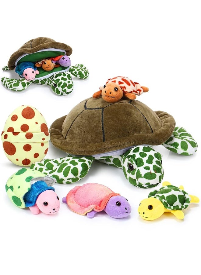 Aoriher 6 Pieces Plush Turtle Set 12 Inch Stuffed Sea Turtle Mom with 3 Little Plush Turtles and 2 Plush Turtle Eggs Soft Plush Stuffed Animal Toys Tortoise Hugging for Valentines Day Party Modern