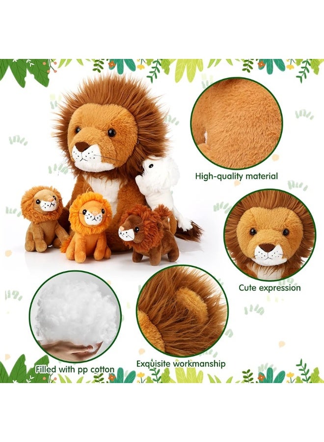Honoson 5 Pcs Lion Plush Set Large Lion Stuffed Animal with 4 Cute Baby Lions in His Zippered Back Soft Cuddly Lion Plushie Boys Girls Birthday Favors Gifts Forest Party (Maned Lion,14 Inch)