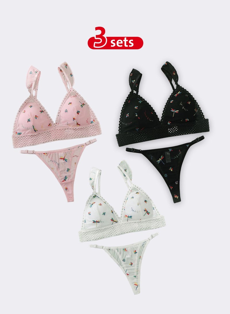 3-Pack Embroidered Bikini Panties in Pink, White, and Black